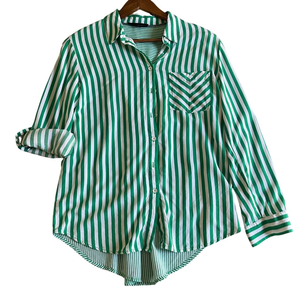 Jane + Delancey Button Up Shirt Womens Medium Green White Striped Preppy Coastal